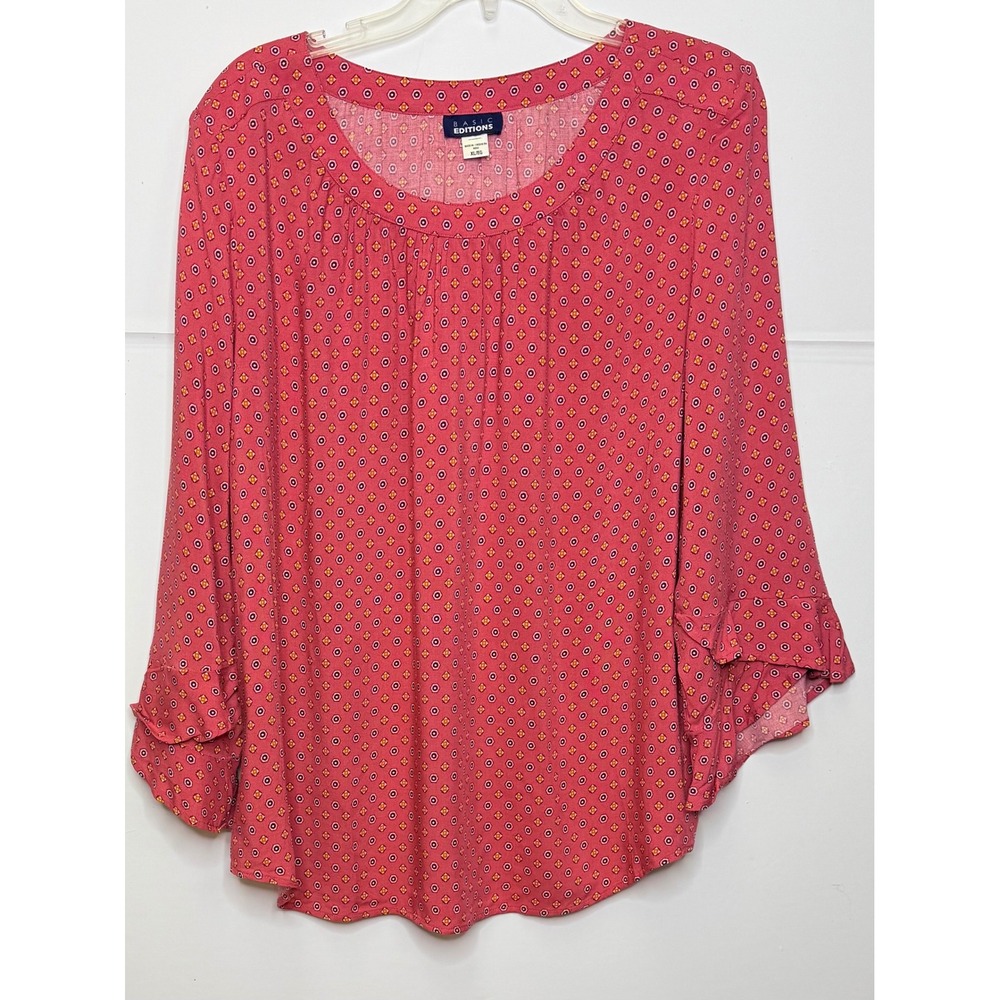 Basic Editions Blouse Sz XL Coral Geometric Ruffle Sleeve Top Boho Casual Office